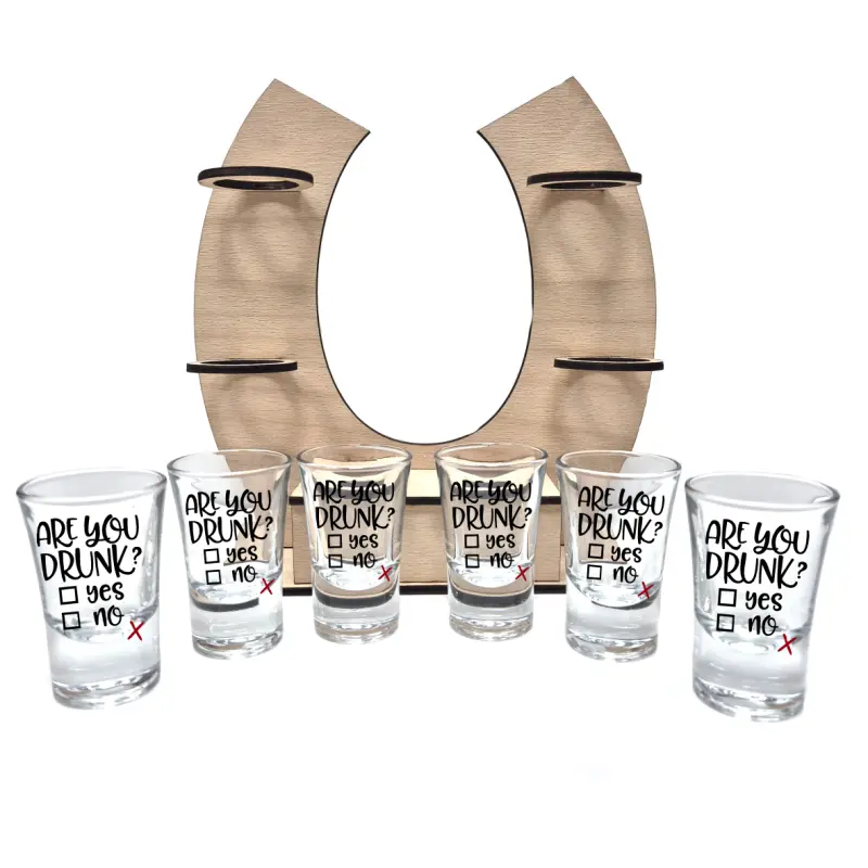 Are you drunk, suport potcoava din lemn cu 6 pahare tip shout, model hgs008